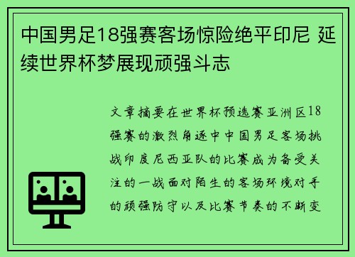 中国男足18强赛客场惊险绝平印尼 延续世界杯梦展现顽强斗志 中国男足18强赛客场惊险绝平印尼 延续世界杯梦展现顽强斗志