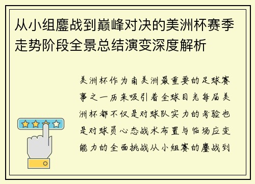 从小组鏖战到巅峰对决的美洲杯赛季走势阶段全景总结演变深度解析