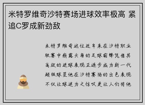 米特罗维奇沙特赛场进球效率极高 紧追C罗成新劲敌 米特罗维奇沙特赛场进球效率极高 紧追C罗成新劲敌